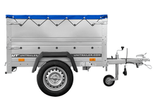 Laden Sie das Bild in den Galerie-Viewer, Pkw Anhänger Neu GARDEN TRAILER 150 KIPP mit zusätzlichen Bordwänden, Stützrad und blauer Flachplane-Neu
