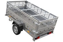 Laden Sie das Bild in den Galerie-Viewer, Pkw Transport Anhänger 230×125 Garden Trailer 230 KIPP mit Laubgitteraufsatz, blauer Flachplane, Planenträgern und Stützrad-Neu