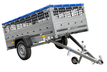Laden Sie das Bild in den Galerie-Viewer, Pkw Transport Anhänger 230×125 Garden Trailer 230 KIPP mit Laubgitteraufsatz, blauer Flachplane, Planenträgern und Stützrad-Neu