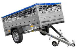 Pkw Transport Anhänger 230×125 Garden Trailer 230 KIPP mit Laubgitteraufsatz, blauer Flachplane, Planenträgern und Stützrad-Neu