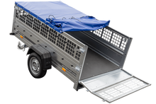 Laden Sie das Bild in den Galerie-Viewer, Pkw Transport Anhänger 230×125 Garden Trailer 230 KIPP mit Laubgitteraufsatz, blauer Flachplane, Planenträgern und Stützrad-Neu