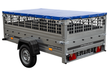 Laden Sie das Bild in den Galerie-Viewer, Pkw Transport Anhänger 230×125 Garden Trailer 230 KIPP mit Laubgitteraufsatz, blauer Flachplane und Stützrad-Neu