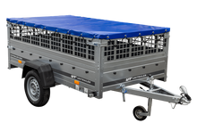 Laden Sie das Bild in den Galerie-Viewer, Pkw Transport Anhänger 230×125 Garden Trailer 230 KIPP mit Laubgitteraufsatz, blauer Flachplane und Stützrad-Neu