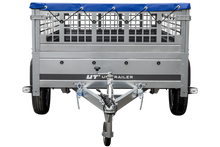 Laden Sie das Bild in den Galerie-Viewer, Pkw Transport Anhänger 230×125 Garden Trailer 230 KIPP mit Laubgitteraufsatz, blauer Flachplane und Stützrad-Neu
