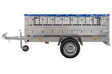 Laden Sie das Bild in den Galerie-Viewer, Pkw Transport Anhänger 230×125 Garden Trailer 230 KIPP mit Laubgitteraufsatz, blauer Flachplane und Stützrad-Neu