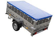 Laden Sie das Bild in den Galerie-Viewer, Pkw Transport Anhänger 230×125 Garden Trailer 230 KIPP mit Laubgitteraufsatz, blauer Flachplane und Stützrad-Neu