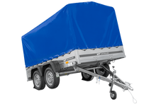 Laden Sie das Bild in den Galerie-Viewer, Zweiachsanhänger 264×150 UNITRAILER GARDEN 265/2 KIPP mit Rahmen H-1100 und blauer Plane-Neu