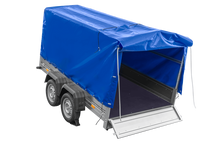 Laden Sie das Bild in den Galerie-Viewer, Zweiachsanhänger 264×150 UNITRAILER GARDEN 265/2 KIPP mit Rahmen H-1100 und blauer Plane-Neu