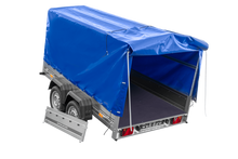 Laden Sie das Bild in den Galerie-Viewer, Zweiachsanhänger 264×150 UNITRAILER GARDEN 265/2 KIPP mit Rahmen H-1100 und blauer Plane-Neu
