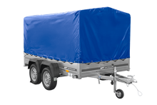 Laden Sie das Bild in den Galerie-Viewer, Zweiachsanhänger 264×150 UNITRAILER GARDEN 265/2 KIPP mit Rahmen H-1100 und blauer Plane-Neu