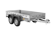 Laden Sie das Bild in den Galerie-Viewer, GARDEN TRAILER 264/2 KIPP Zweiachsanhänger mit Stützrad, Planenträgern, zus. Bordwänden und blauer Flachplane-Neu
