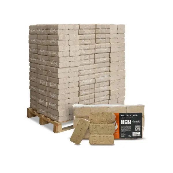 Designsanstitre_29_9e06d5cc-9988-4151-8c70-3ee1e721fc8f-1-1.jpg Heizfuxx RUF Classic White Holzbriketts – 960 kg Palette (96×10 kg), Heizwert ≥4,8 kWh/kg, Weißholz, RUF-Form – Bild 1
